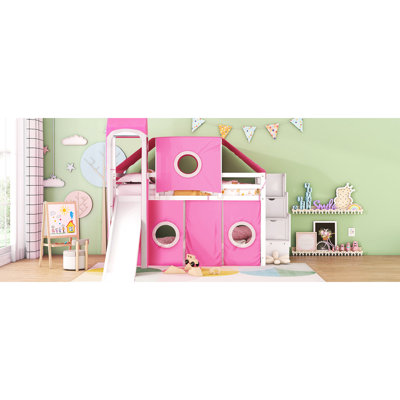 Lit mezzanine double rose avec tente et tour. Composé de bois de pin massif pour plus de stabilité. Fenêtre de conception inspirée d'une maisonnette. Espace de rangement spacieux et spacieux. Matelas: L 94,6 po x l 99,5 po x H 78,9 po
