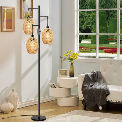 Lampe sur pied à 3 lumières à intensité variable avec abat-jour en rotin, conception d'arbre noir rustique, lampe sur pied moderne pour le salon, la chambre à coucher ou le coin, cordon de 89 pouces, comprend des ampoules à filament rétro