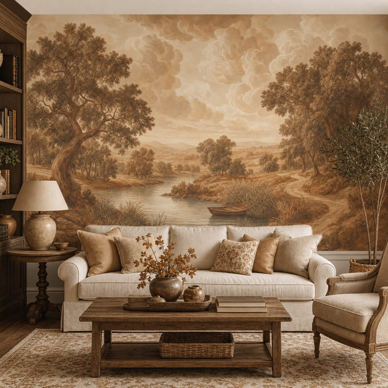 Papier peint sépia paysage campagne pastorale rivière et roseaux, 200"x120", Textured Non-Pasted