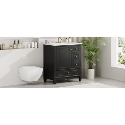 Meuble-lavabo avec lavabo, une porte avec tablette et trois tiroirs, porte à fermeture en douceur