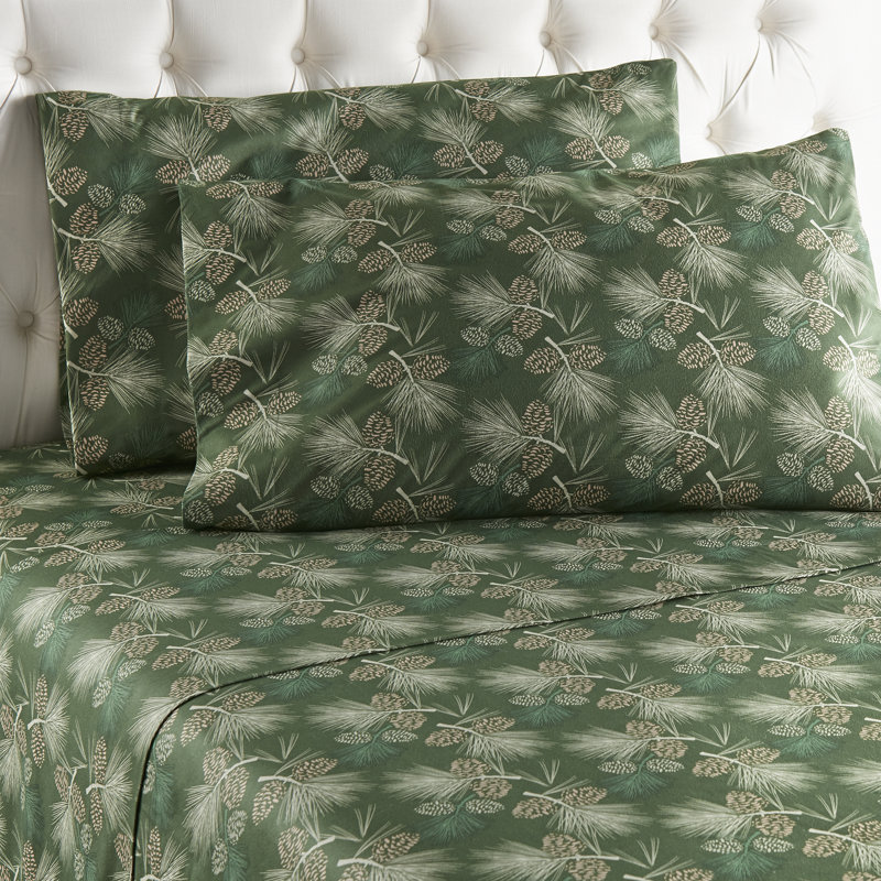Ensemble de draps Micro Flannel®, Ensemble de draps pour lit double avec 2 taies d'o, Green Pine Cones