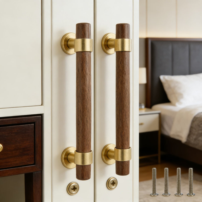 Solid Brass And Walnut Cabinet Pulls With Screws, 2-Pack Adjustable Hole Centre Handles For Kitchen Drawers, Wardrobes, And Furniture