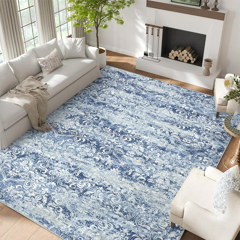Floral Machine Washable Rug with Rubber Backing for Living Room Large Non-Slip Dining Room Rug Easy-Cleaning Floor Carpet for Bedroom Office Nursery Playroom