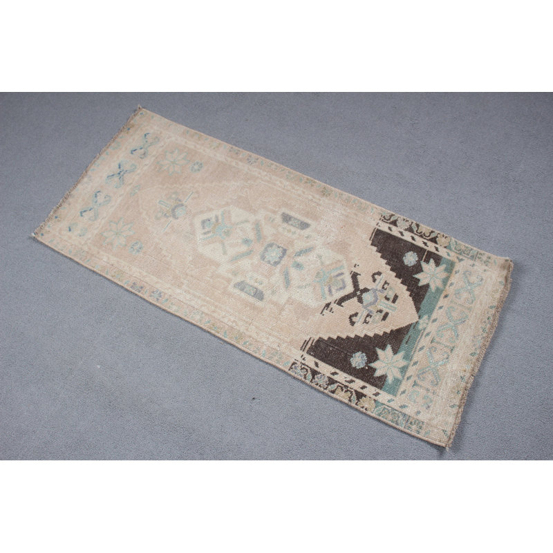Tapis beige rétro avec frange Oushak rétro idéal pour les entrées et les portes