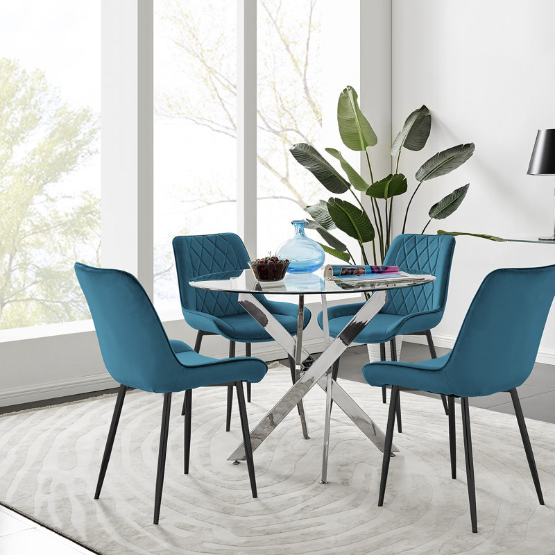 4 - Person Glass Top Pedestal Dining Set, Blue/Black, Silver