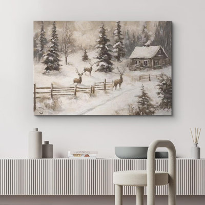 Winter Rustic Country Christmas Deer Pine Tree Forest Holiday Decor Framed Canvas Print Wall Art
