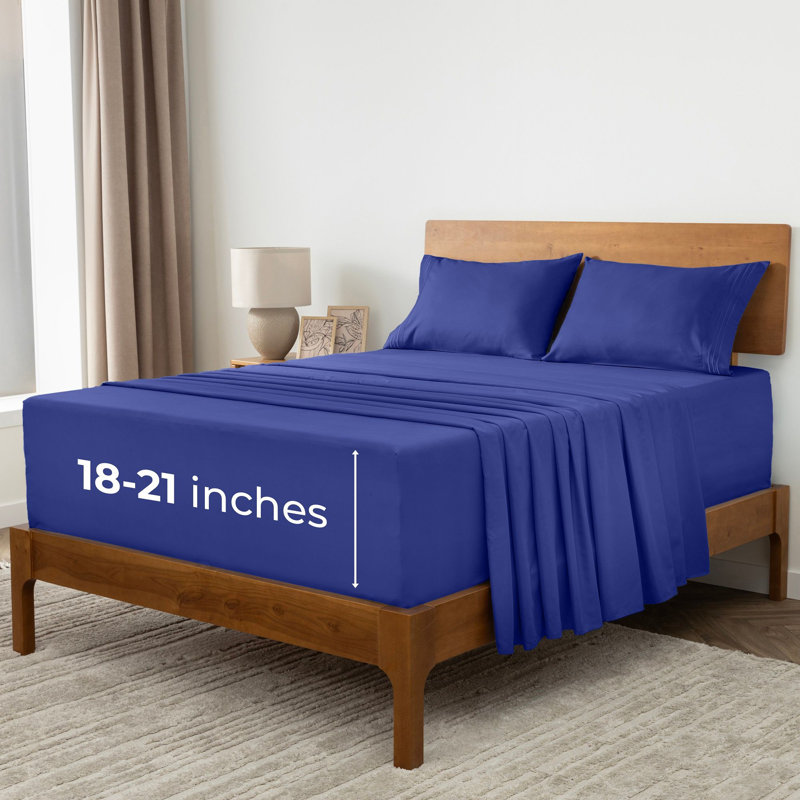 Ensemble de draps Mellanni 1800 avec drap-housse bleu royal, Ensemble de draps pour grand lit avec 2 taies d'or