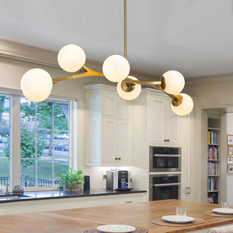 8-Light Sputnik Modern Linear Glass Bubble Chandelier, Blanc, Brushed Gold