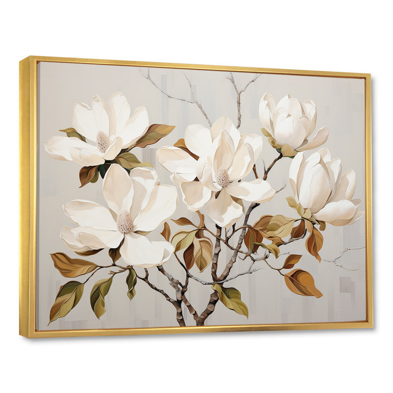 «Magnolias Beauty Blossums III - Magnolias», art mural beige et doré, H 16 po x l 32 po x P 1 po, Cadre flottant doré