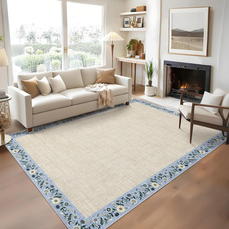 Modern Bordered Runner Rug 2x6 – Washable Non-Slip Low-Pile Carpet for Hallway, Kitchen, Bedroom, Bathroom, or Laundry Room, Soft Floral Print, Beige