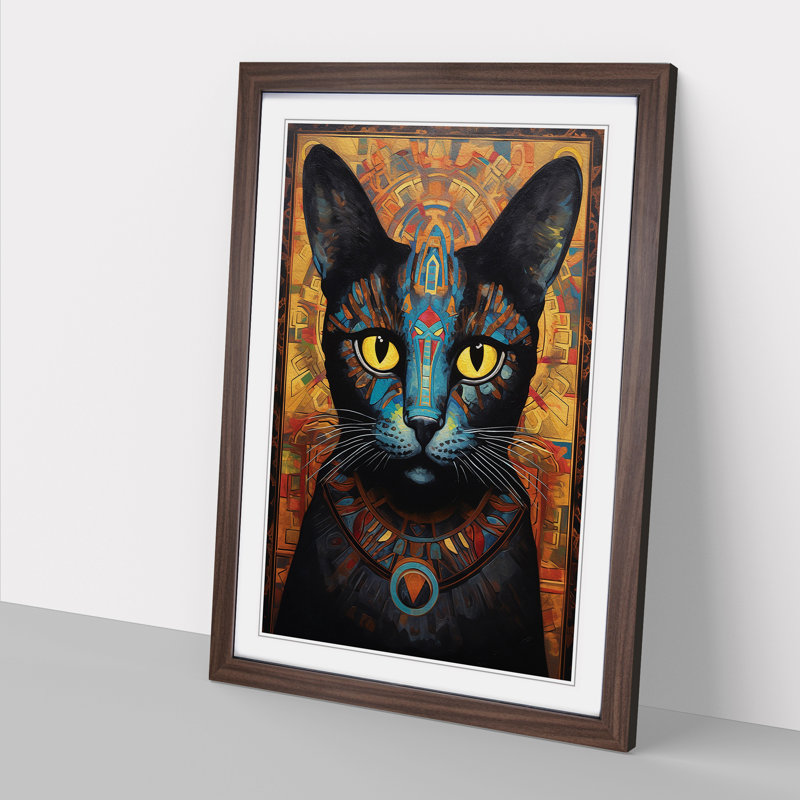 XYZ-FRM-V1223-607 Egyptian Cat Contemporary No.4 - Single Picture Frame Print on Wood, 34cm H x 25cm W x 2cm D, Walnut