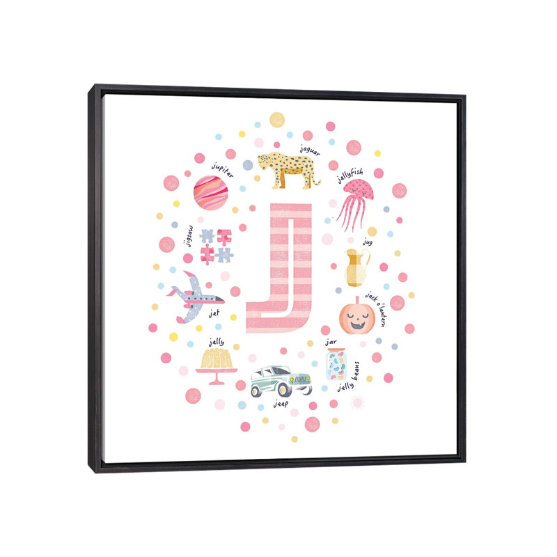 Lettre illustrée J rose - impression, Pas de tapis, H 37 po x l 37 po x P 1,5 po, Toile avec cadre noir patiné