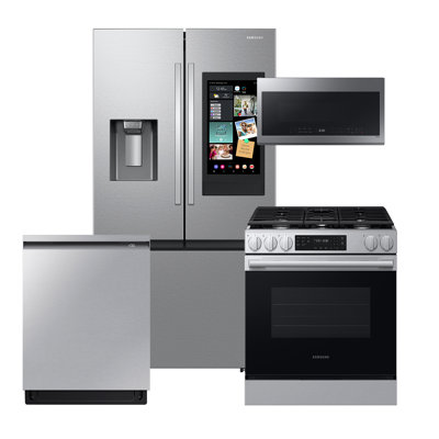 Samsung Stainless Steel Kitchen Package With 27 Cu. Ft. Extra Large Capacity Counter Depth 3-Door French Door Refrigerator With Family Hub And External Water & Ice Dispenser - Stainless