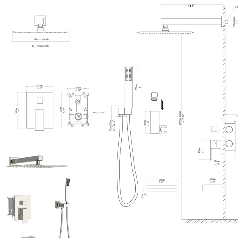 Brushed Nickel Shower System With 12 Inch Wall Mount And Waterfall Tub Spout. 3 Shower: Overhead Rain Shower, Handheld. -Balanced Valve. Easy Installation Cleaning. Includes Square Head, Arm,