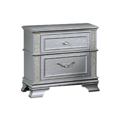 Contemporary 2 - Drawers Gray Nightstand With Sparkling Glitter Accents And Drop Bail Handle, Bedroom Bedside Storage Modern Silver Eye Catching Strip