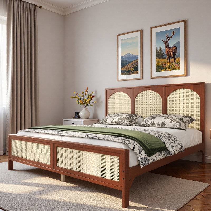 Wood Platform Bed With Rattan Headboard, Walnut, King