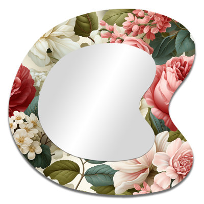 Jilyn Antique Rose Muted Green Garden - Floral Asymmetrical Wall Mirror, Green Irregular Shape Decorative Mirror, Printed Metal Art