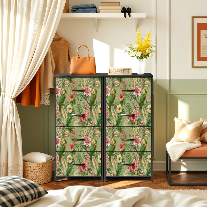 Commode à 4 tiroirs avec rangement vertical et fleurs d'hibiscus tropicales avec plateau en bois