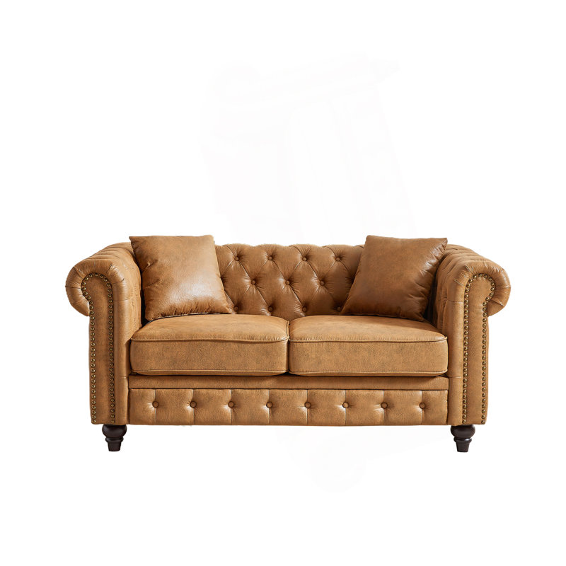 63.5" Contemporary Design Chesterfield Sofa, Tech Fabric Button Design Living Room Sectional, Button Tufted With Nail Design Arms With 2 Pillows, Upholstered Upholstery And Wooden Legs