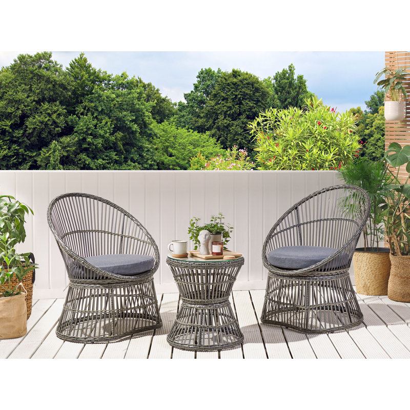 Asmita 2 - Person Wicker Patio Dining Set with Round Table , Cushions Included, Taupe, Purple
