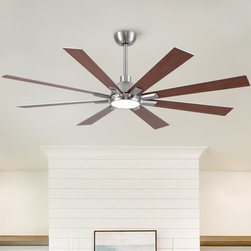 Farmhouse 8 Blade Indoor Windmill Ceiling Fan With LED Lights, Remote Control And Quiet DC Motor, 62" Wide, Silver