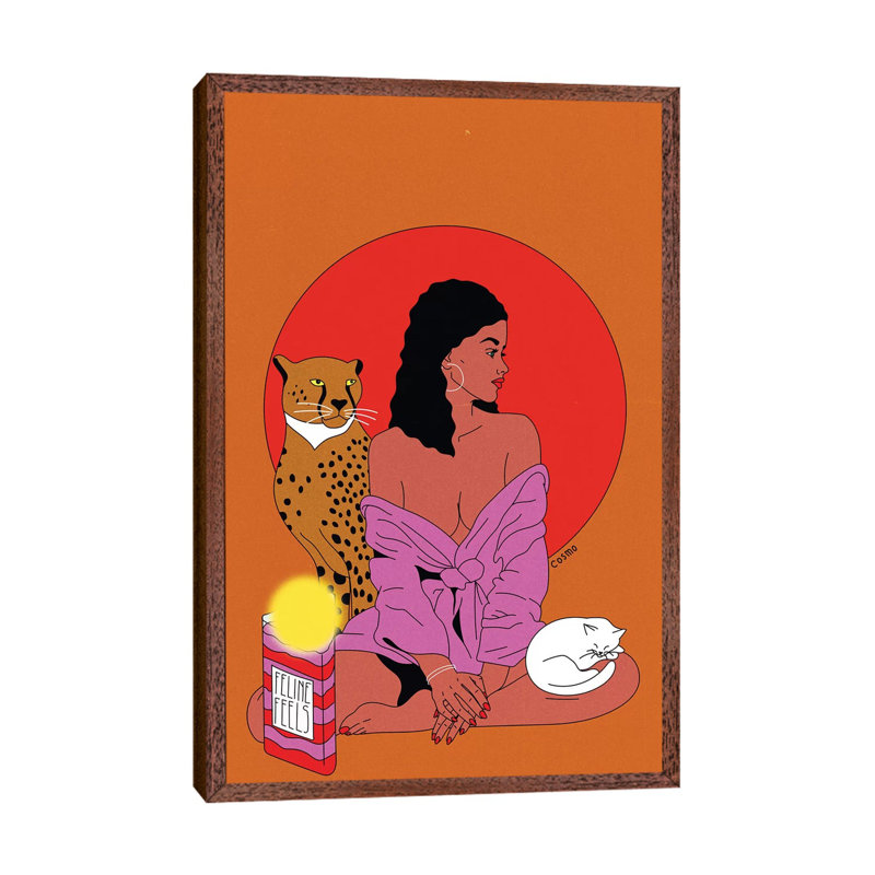 Feline Feels by Cosmo - Print on Canvas, Classic Brown Wood Framed Canvas, 101.6cm H x 20.32cm W x 3.81cm D