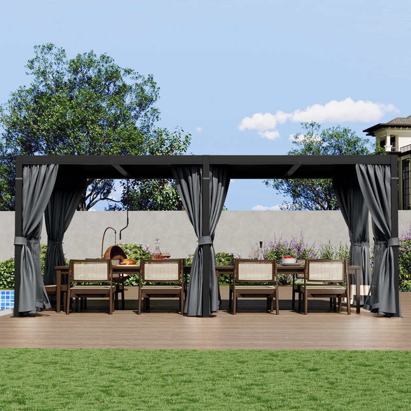 Pergola à persiennes en aluminium avec toit et rideaux réglables, 20 pi L 10 pi. D, Noir