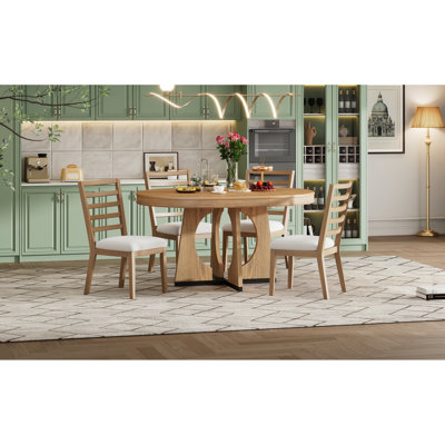 Table de salle à manger extensible ronde pour 4, 5 pièces de style rétro avec base géométrique et finition naturelle Élégance pour 4 personnes, table 16 po, chaises rembourrées confortables