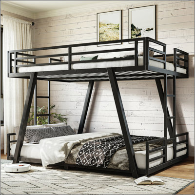 Full over Full Bunk Bed with Dual Side Ladders, Special Support Leg Design, Low Profile, and Classic Black Finish