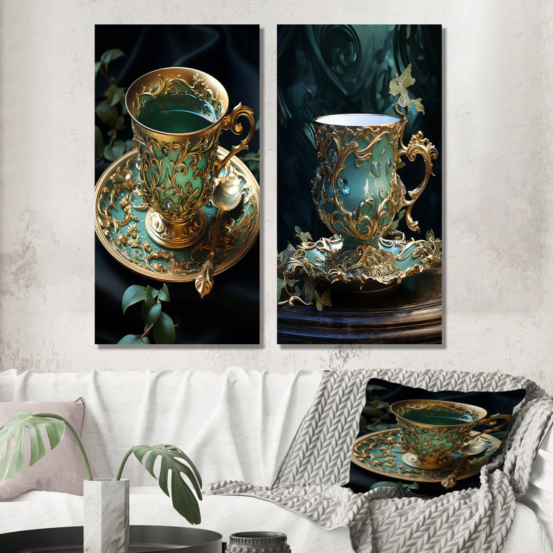 Élégance sophistiquée thé Élégance - ensemble de 2 impressions murales de verres, H 28 po x l 25 po, Toile tendue