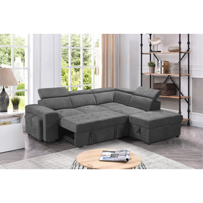 Canapé-lit modulaire avec repose-pieds avec rangement et 2 tabourets gris foncé, Mélange de polyester - gris clair