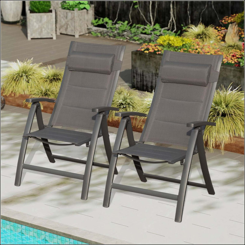 Ensemble de 2 chaises de patio pliantes en tissu textilène rembourré, Gris foncé