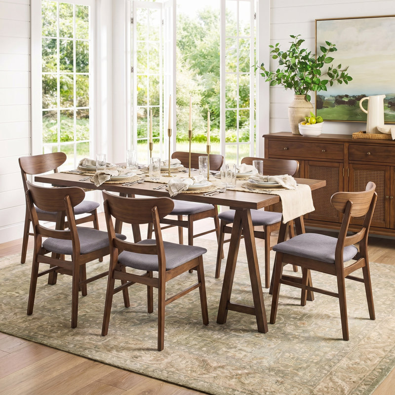 6 - Person Four Leg Dining Set, Walnut, Dark Gray