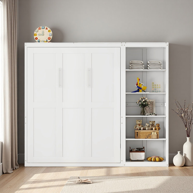 Grand lit escamotable mural avec tablettes, White