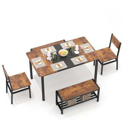 6-Person Dining Table Sets With Sliding Baskets And Benches