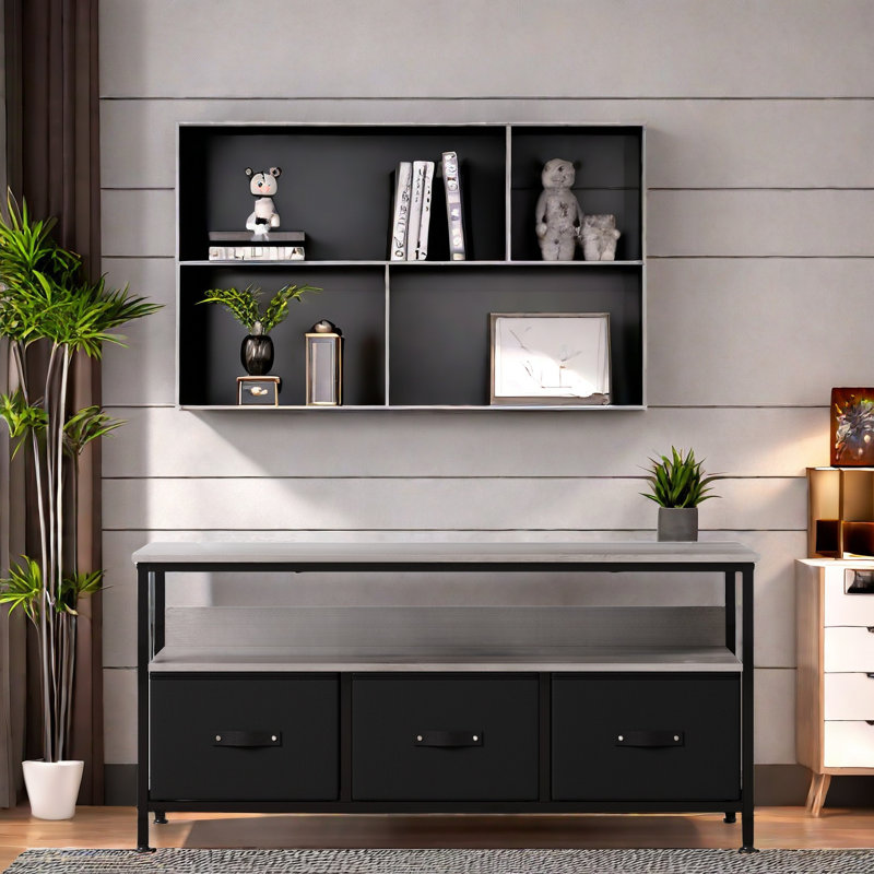 Meuble télé avec 3 tiroirs en tissu, Noir, noir, noir, noir