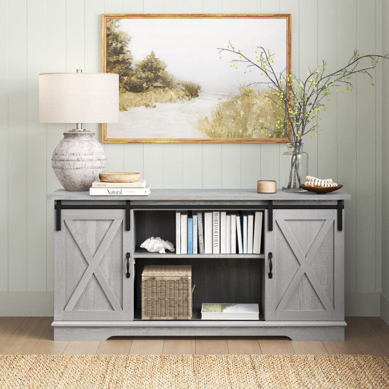Carterton Sliding Door TV Stand for TVs, Stone Gray, 28" H x 58" L x 16" W