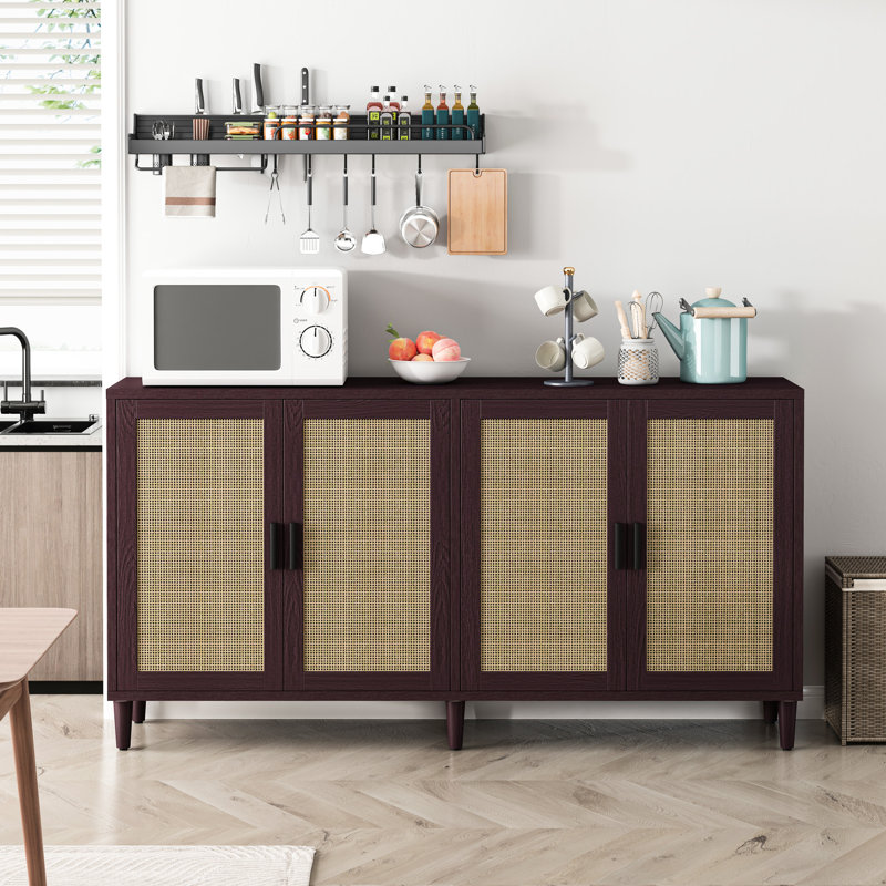 Armoire de rangement brune de 70 pouces avec quatre portes et tablettes réglables, support de charge solide, portes décoratives de buffet faciles à entretenir de 70 po, surface propre