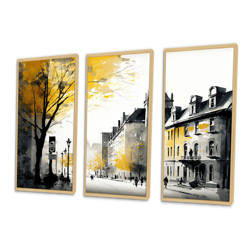 Vieux paysage urbain du Québec I - impression 3 pièces, H 32 po x l 48 po x P 1 po, Encadré naturel