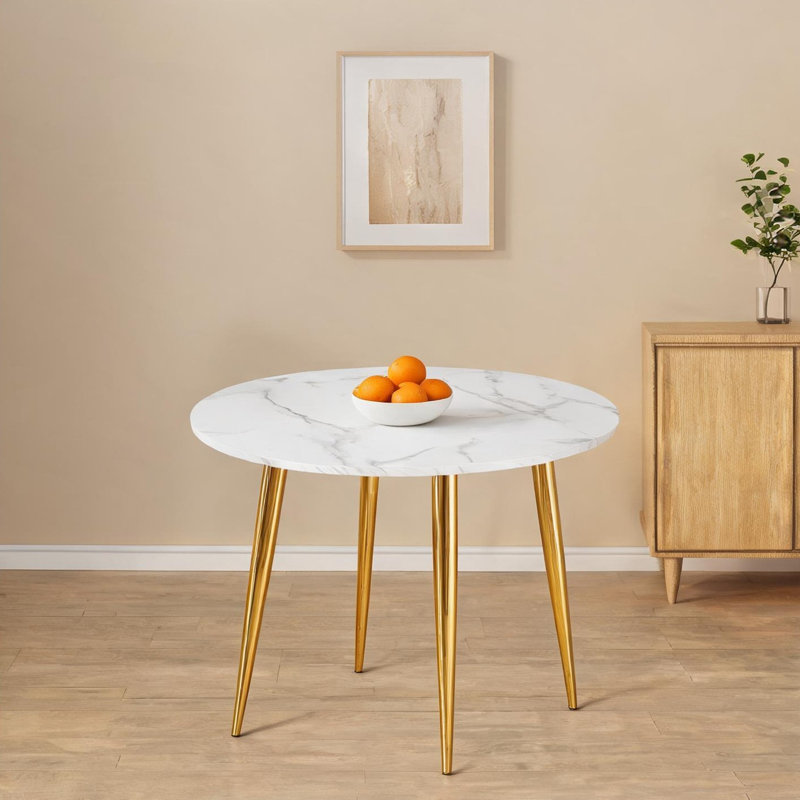 Table de salle à manger ronde extensible avec plateau en panneau de fibres à densité moyenne blanc et piédestal doré, pour 4 à 6 personnes, cuisine ou salle à manger moderne