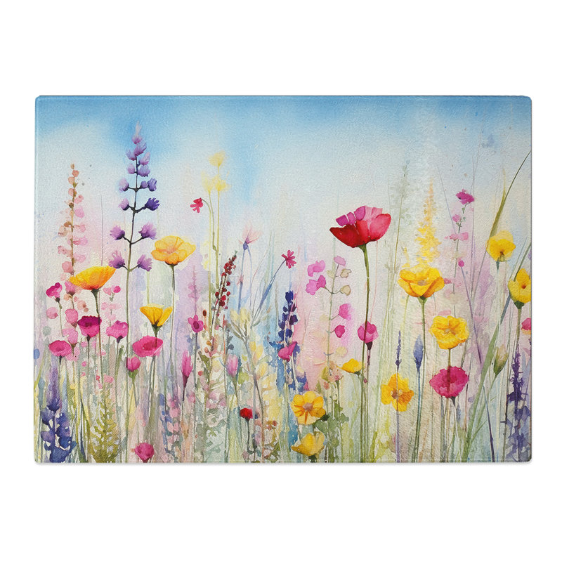 Wildflowers Watercolour  Glass Chopping Board