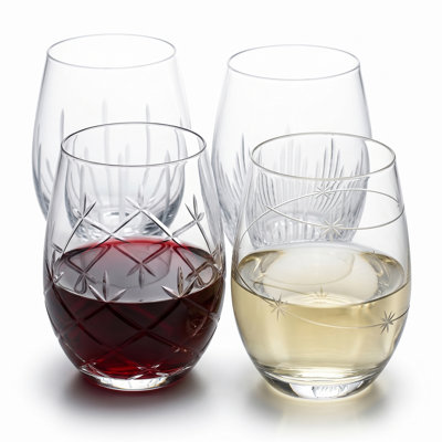 4-Piece Stemless Etched Drinking Red Wine Glasses