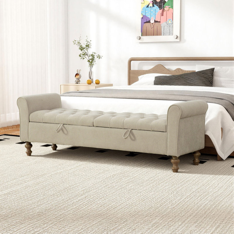 65.7" W Upholstered Tufted Storage Bench With Double Lids, Griege