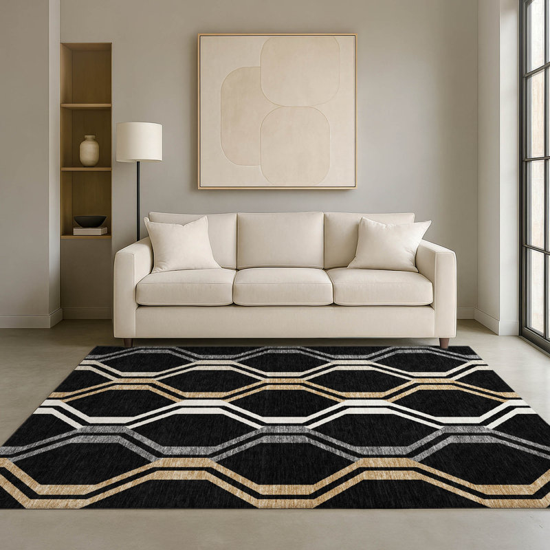 Premium Machine Washable Mayfield AMF2326 Mid-Century Modern Rug, Black, 8' x 10'