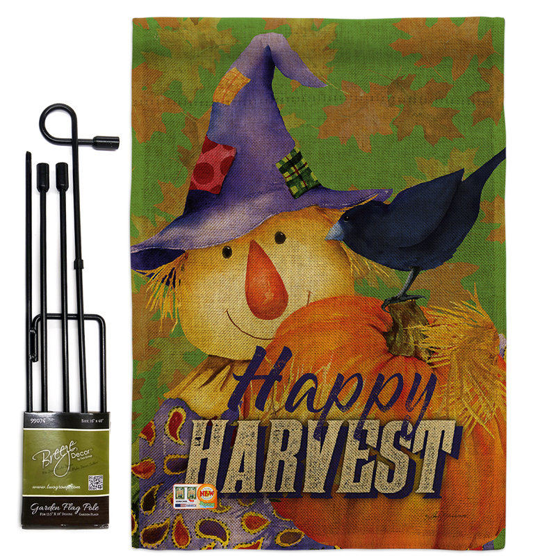 Épouvantail en polyester à 2 côtés 18,5 x 13 po happy harvest ensemble de drapeau, Vert foncé / orange, Toile de jute