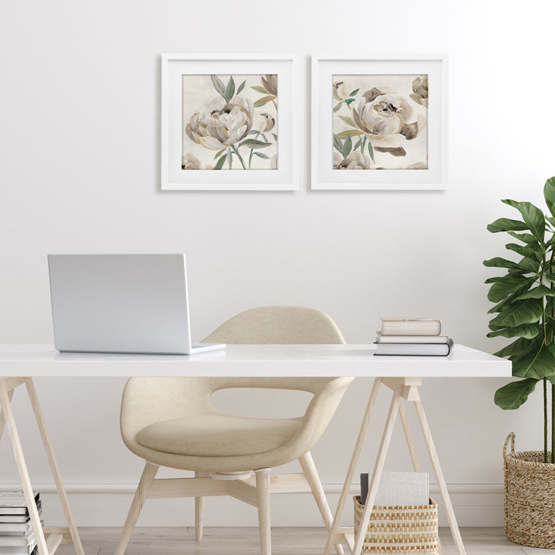 «Neutral Lustrous Pivoines», ensemble de 2 reproductions encadrées sous verre, design par Aria K., H 13 po x l 13 po