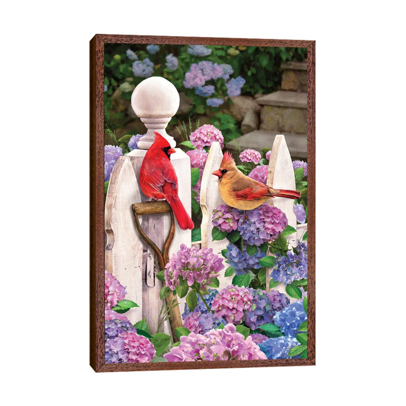 Cardinals On Fence W-Hydrangea - Print on Canvas, 101.6 cm H x 66.04 cm W, Classic Brown Wood Framed