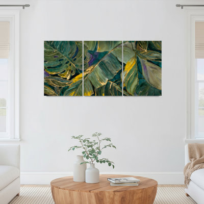 Feuilles tropicales, décorations dorées sur toile tendue, ensemble de 3 reproductions d'art sur toile