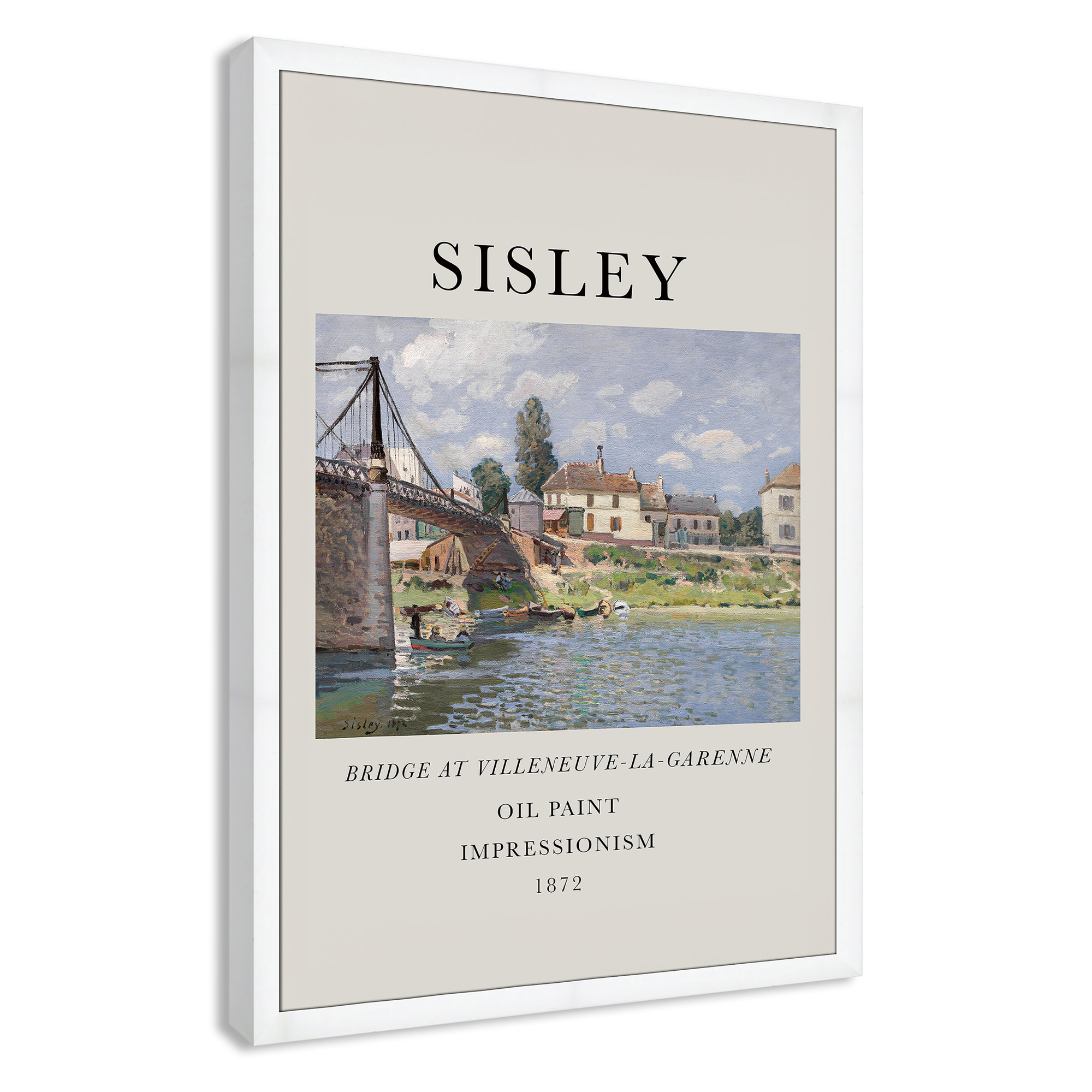 Old Masters Collection " The Bridge At Villeneuve " by Alfred Sisley, White Single Picture Frame, No, 49" H x 35" W x 1.25" D