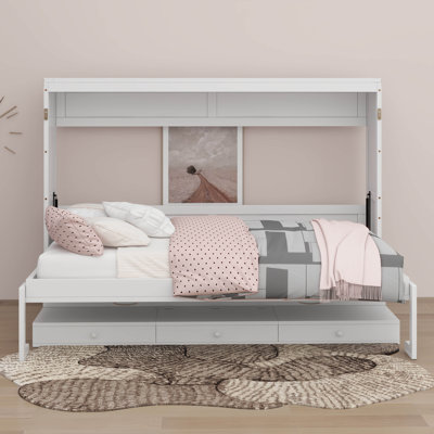 Grand lit escamotable horizontal avec bureau, lit escamotable mural avec miroir de coiffeuse et tiroirs de rangement